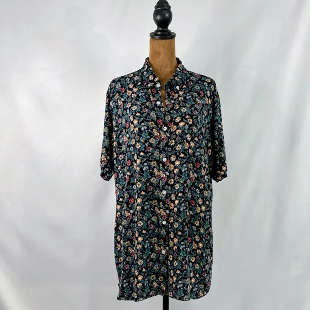 Never Established Floral Button Down‎ Shirt Mens Large Navy Rayon Short Sleeve